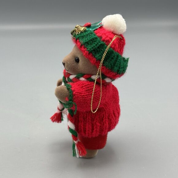 Vtg Flocked Articulated Teddy Bear Sweater Outfit Christmas Ornament 5" T READ - Picture 7 of 8